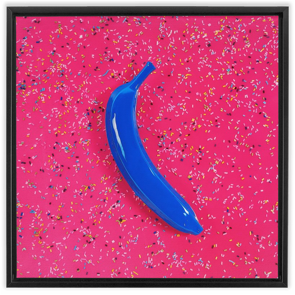 Canvas Print: "Blue banana on pink with sprinkles"