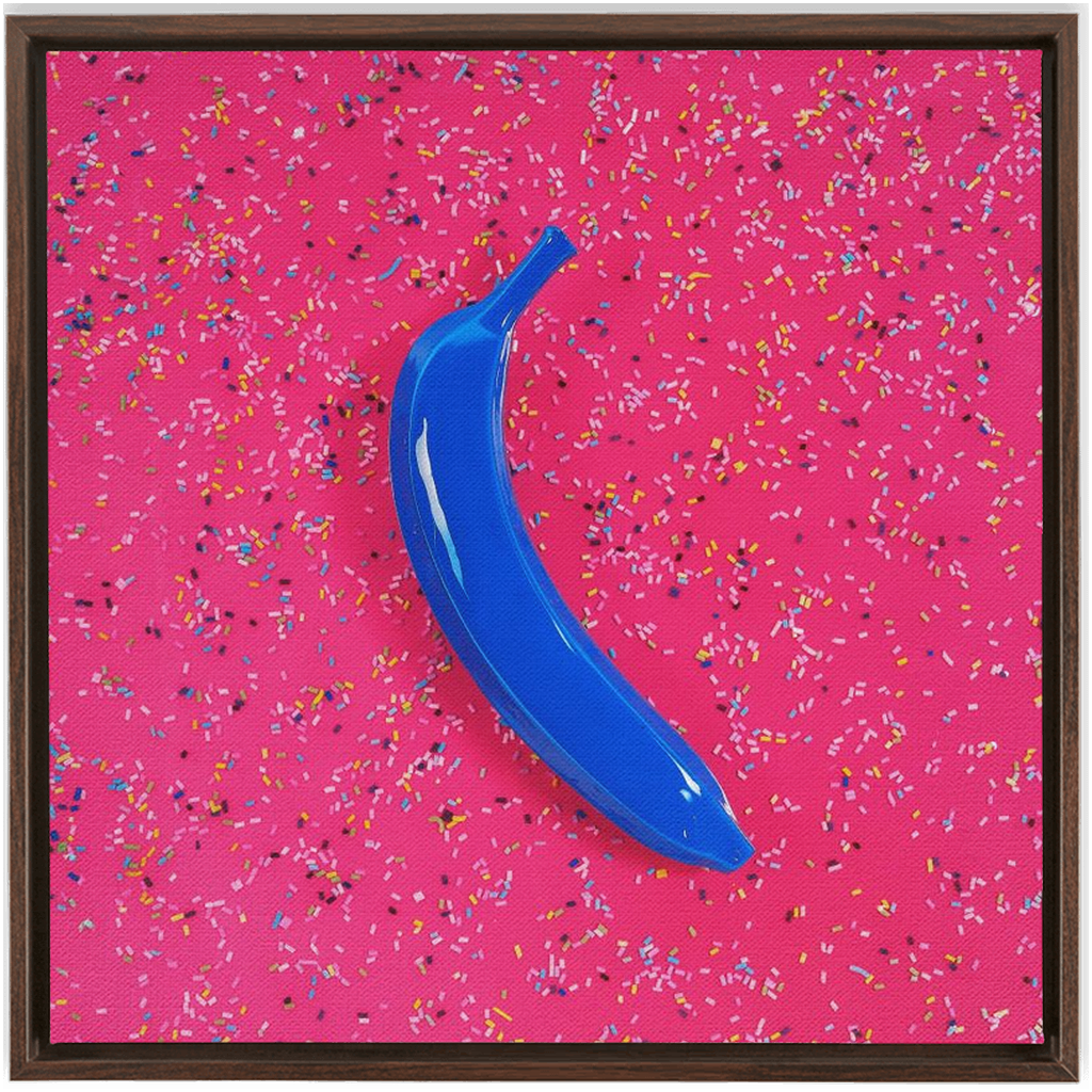 Canvas Print: "Blue banana on pink with sprinkles"
