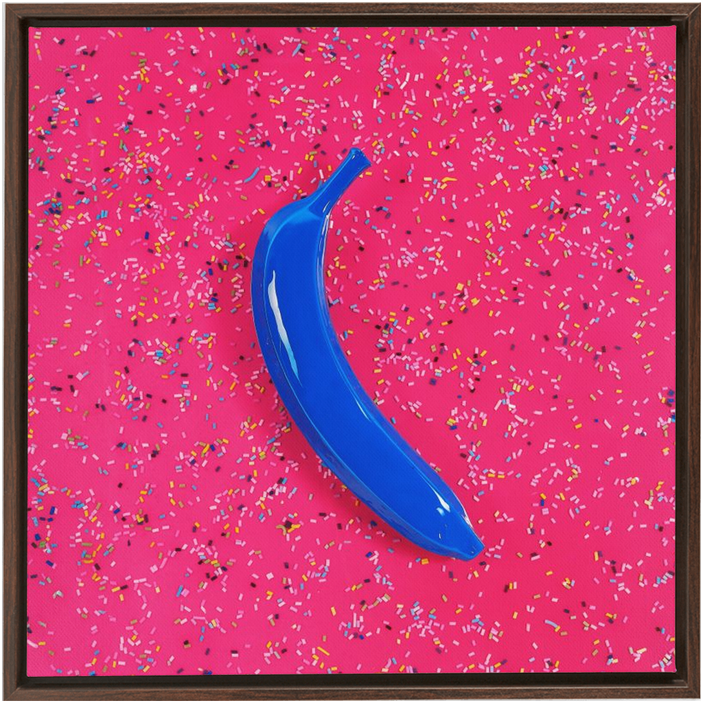 Canvas Print: "Blue banana on pink with sprinkles"