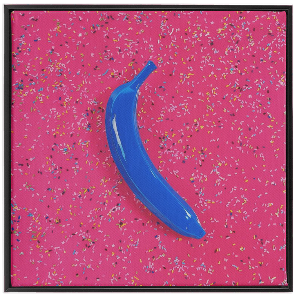Canvas Print: "Blue banana on pink with sprinkles"