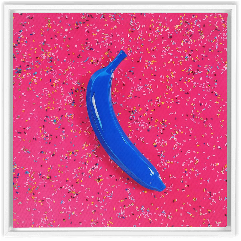 Canvas Print: "Blue banana on pink with sprinkles"
