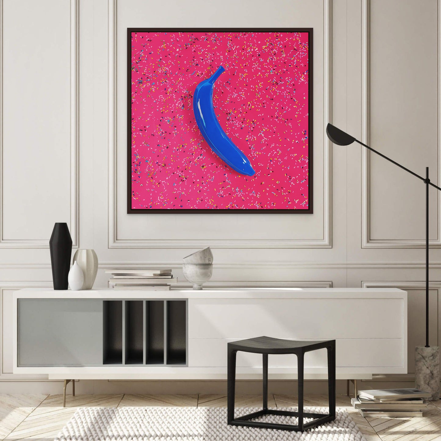 Canvas Print: "Blue banana on pink with sprinkles"
