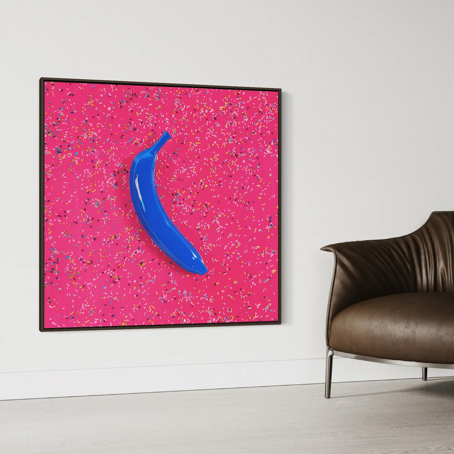 Canvas Print: "Blue banana on pink with sprinkles"