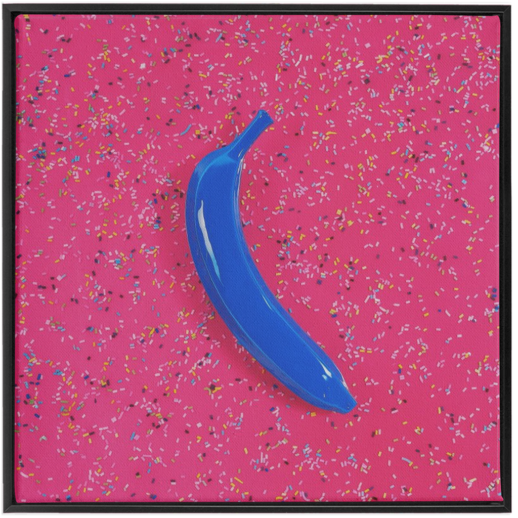 Canvas Print: "Blue banana on pink with sprinkles"
