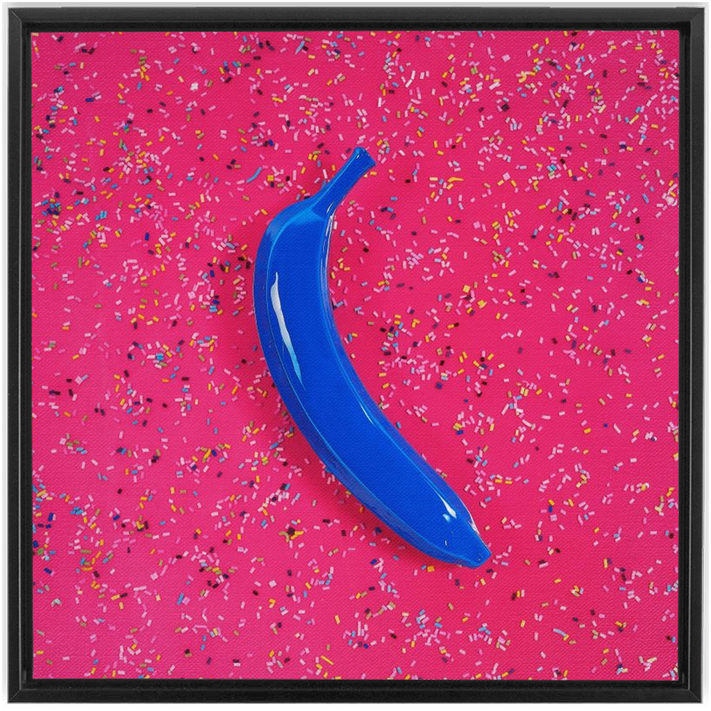 Canvas Print: "Blue banana on pink with sprinkles"