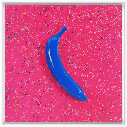 Canvas Print: "Blue banana on pink with sprinkles"