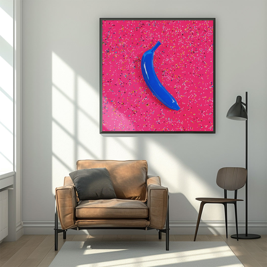 Canvas Print: "Blue banana on pink with sprinkles"