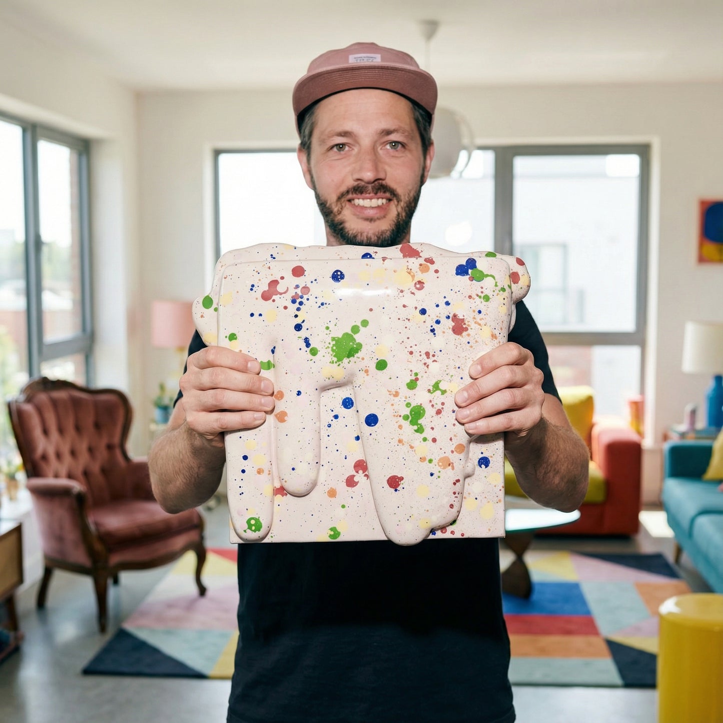 32x32cm | DRIP Serie .A - Bone-white with color splats